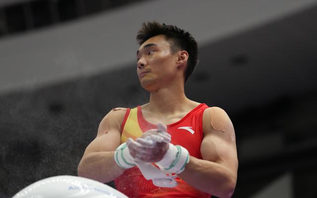 (260921) -- NAGOYA, Sept. 21, 2026 (Xinhua) -- Sun Wei of China prepares for the horizontal bar competition of the men's all-around final of Artistic Gymnastics at the 20th Asian Games Aichi-Nagoya 2026 in Nagoya, Japan, Sept. 21, 2026. (Xinhua/Jia Yuchen)