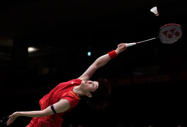 (260922) -- ICHINOMIYA, Sept. 22, 2026 (Xinhua) -- Wang Zhiyi of team China competes in the singles match against Ratchanok Intanon of Thailand during the badminton women's team quarterfinals between China and Thailand at the 20th Asian Games Aichi-Nagoya 2026 in Ichinomiya of Aichi Prefecture, Japan, Sept. 22, 2026. (Xinhua/Li Bo)