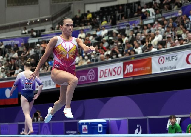 (260922) -- NAGOYA, Sept. 22, 2026 (Xinhua) -- Oksana Chusovitina of Uzbekistan warms up before the women's vault qualification of Artistic Gymnastics at the 20th Asian Games Aichi-Nagoya 2026 in Nagoya, Japan, Sept. 22, 2026. (Xinhua/Lui Siu Wai)