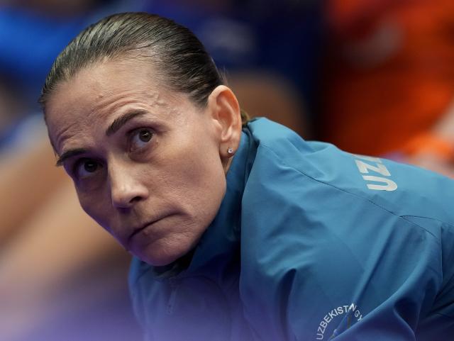 (260922) -- NAGOYA, Sept. 22, 2026 (Xinhua) -- Oksana Chusovitina of Uzbekistan is seen before the women's vault qualification of Artistic Gymnastics at the 20th Asian Games Aichi-Nagoya 2026 in Nagoya, Japan, Sept. 22, 2026. (Xinhua/Lui Siu Wai)