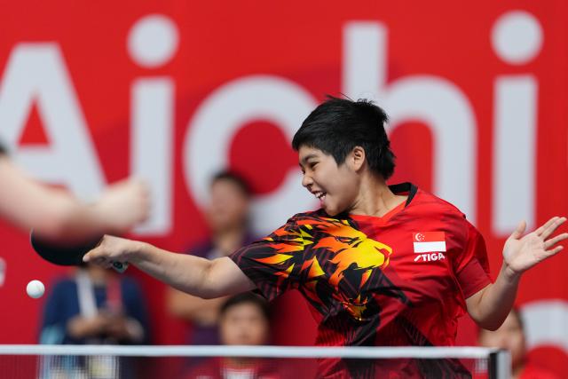 (260922) -- TOYOTA, Sept. 22, 2026 (Xinhua) -- Loy Ming Ying of Singapore competes during the table tennis women's team first-round match between Hong Kong, China and Singapore at the 20th Asian Games Aichi-Nagoya 2026 in Toyota, Japan, Sept. 22, 2026. (Xinhua/Cheong Kam Ka)