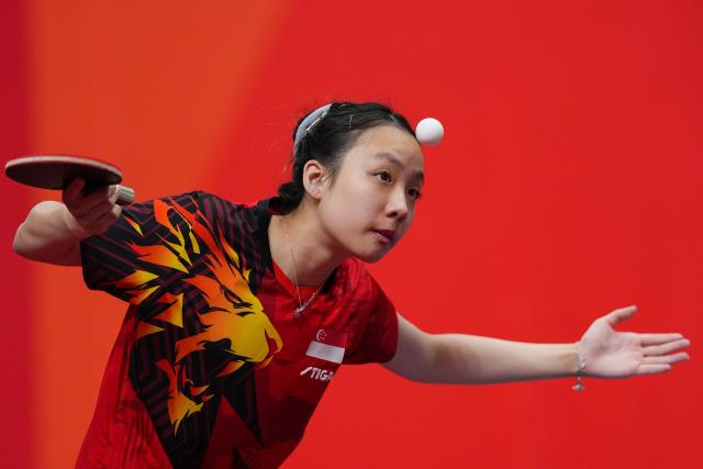 (260922) -- TOYOTA, Sept. 22, 2026 (Xinhua) -- Ser Lin Qian of Singapore comepetes during the table tennis women's team first-round match between Hong Kong, China and Singapore at the 20th Asian Games Aichi-Nagoya 2026 in Toyota, Japan, Sept. 22, 2026. (Xinhua/Cheong Kam Ka)