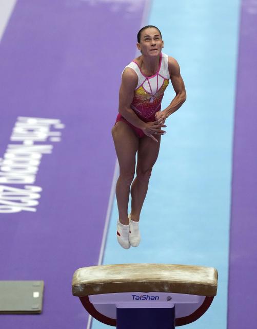 (260922) -- NAGOYA, Sept. 22, 2026 (Xinhua) -- Oksana Chusovitina of Uzbekistan competes during the women's vault qualification of Artistic Gymnastics at the 20th Asian Games Aichi-Nagoya 2026 in Nagoya, Japan, Sept. 22, 2026. (Xinhua/Jia Yuchen)