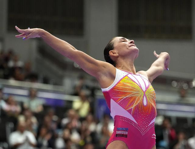 (260922) -- NAGOYA, Sept. 22, 2026 (Xinhua) -- Oksana Chusovitina of Uzbekistan competes during the women's vault qualification of Artistic Gymnastics at the 20th Asian Games Aichi-Nagoya 2026 in Nagoya, Japan, Sept. 22, 2026. (Xinhua/Lui Siu Wai)