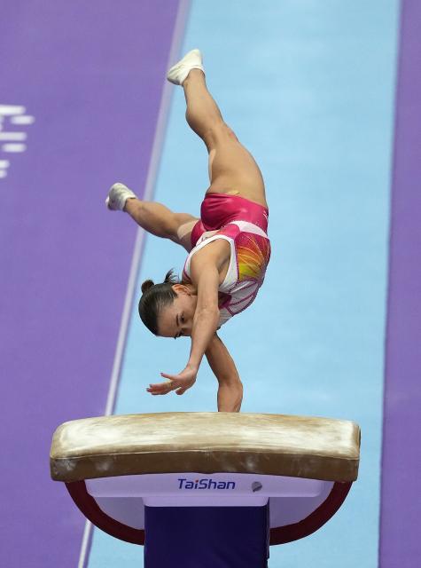 (260922) -- NAGOYA, Sept. 22, 2026 (Xinhua) -- Oksana Chusovitina of Uzbekistan competes during the women's vault qualification of Artistic Gymnastics at the 20th Asian Games Aichi-Nagoya 2026 in Nagoya, Japan, Sept. 22, 2026. (Xinhua/Jia Yuchen)