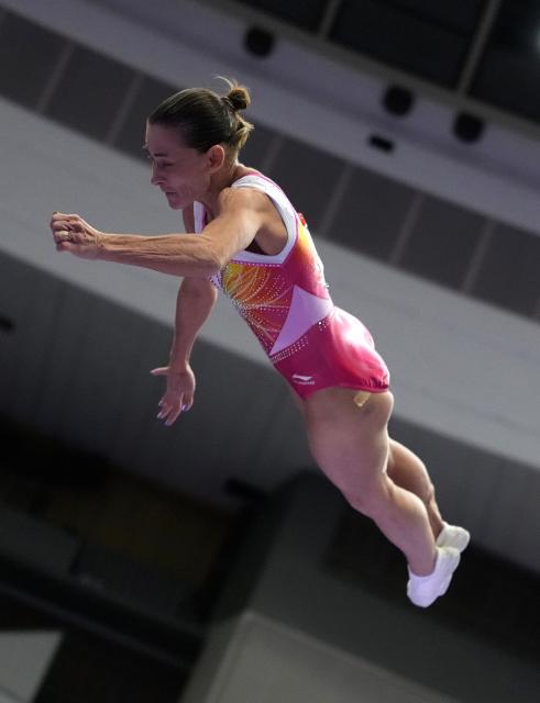 (260922) -- NAGOYA, Sept. 22, 2026 (Xinhua) -- Oksana Chusovitina of Uzbekistan competes during the women's vault qualification of Artistic Gymnastics at the 20th Asian Games Aichi-Nagoya 2026 in Nagoya, Japan, Sept. 22, 2026. (Xinhua/Lui Siu Wai)