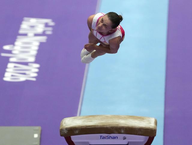 (260922) -- NAGOYA, Sept. 22, 2026 (Xinhua) -- Oksana Chusovitina of Uzbekistan competes during the women's vault qualification of Artistic Gymnastics at the 20th Asian Games Aichi-Nagoya 2026 in Nagoya, Japan, Sept. 22, 2026. (Xinhua/Jia Yuchen)