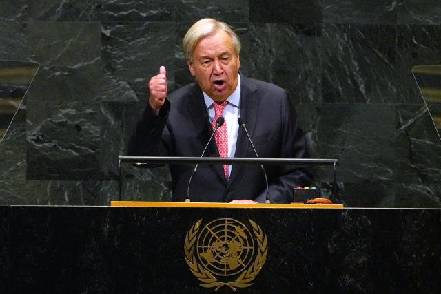 (260922) -- NEW YORK, Sept. 22, 2026 (Xinhua) -- United Nations Secretary-General Antonio Guterres speaks during the General Debate of the 81st session of the United Nations General Assembly at the UN headquarters in New York, Sept. 22, 2026. The General Debate of the 81st session of the UN General Assembly opened at the UN headquarters in New York on Tuesday. The theme of the general debate is "Restoring trust, managing transformation: a United Nations that delivers for all." (Xinhua/Wu Xiaoling)