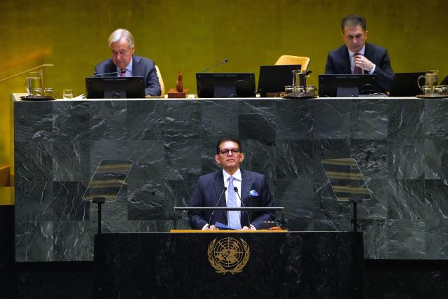 (260922) -- NEW YORK, Sept. 22, 2026 (Xinhua) -- Khalilur Rahman, president of the 81st session of the General Assembly, speaks during the General Debate of the 81st session of the United Nations General Assembly at the UN headquarters in New York, Sept. 22, 2026. The General Debate of the 81st session of the UN General Assembly opened at the UN headquarters in New York on Tuesday. The theme of the general debate is "Restoring trust, managing transformation: a United Nations that delivers for all." (Xinhua/Wu Xiaoling)