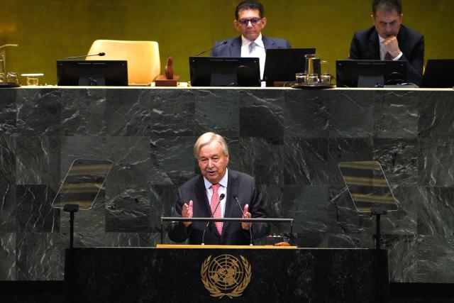 (260922) -- NEW YORK, Sept. 22, 2026 (Xinhua) -- United Nations Secretary-General Antonio Guterres speaks during the General Debate of the 81st session of the United Nations General Assembly at the UN headquarters in New York, Sept. 22, 2026. The General Debate of the 81st session of the UN General Assembly opened at the UN headquarters in New York on Tuesday. The theme of the general debate is "Restoring trust, managing transformation: a United Nations that delivers for all." (Xinhua/Wu Xiaoling)