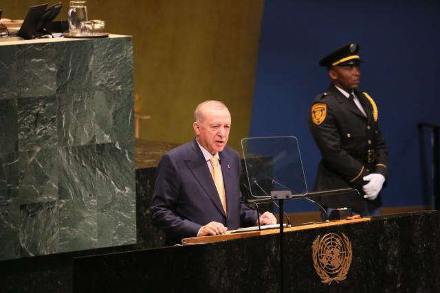 (260922) -- UNITED NATIONS, Sept. 22, 2026 (Xinhua) -- Turkish President Recep Tayyip Erdogan speaks at the General Debate of the 81st session of  UN General Assembly at the UN headquarters in New York, on Sept. 22, 2026. (Xinhua/Zhang Fengguo)