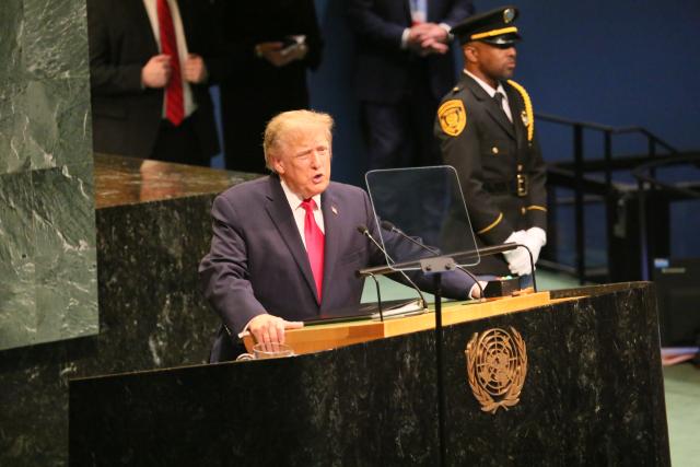 (260922) -- UNITED NATIONS, Sept. 22, 2026 (Xinhua) -- U.S. President Donald Trump speaks at the General Debate of the 81st session of  UN General Assembly at the UN headquarters in New York, on Sept. 22, 2026. (Xinhua/Zhang Fengguo)