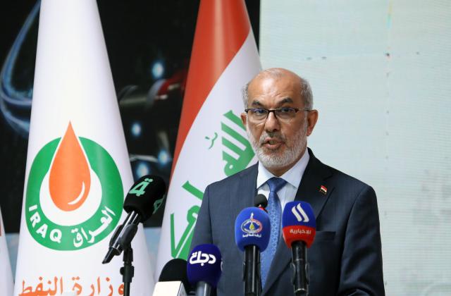 (260922) -- BAGHDAD, Sept. 22, 2026 (Xinhua) -- Iraqi Oil Minister Basim Mohammed Khudhair delivers a speech during the launching ceremony of the gas processing facility at the EBS oilfield in Baghdad Province, Iraq, Sept. 22, 2026. A gas processing facility built and invested in by Chinese company ZhenHua Oil was officially put into operation at the EBS oilfield in central Iraq on Tuesday. (Xinhua/Khalil Dawood)