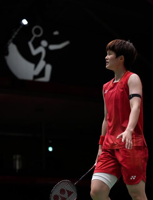 (260923) -- ICHINOMIYA, Sept. 23, 2026 (Xinhua) -- Wang Zhiyi of team China reacts in the singles match against Putri Kusuma Wardani of team Indonesia during the badminton women's team semifinals between China and Indonesia at the 20th Asian Games Aichi-Nagoya 2026 in Ichinomiya of Aichi Prefecture, Japan, Sept. 23, 2026. (Xinhua/Li Bo)