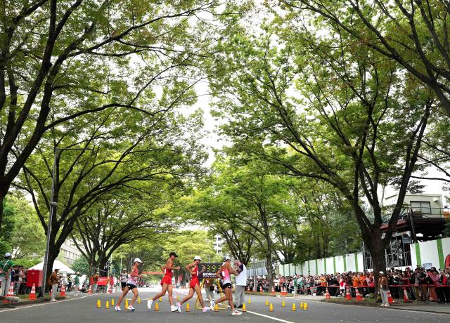 (260923) -- NAGOYA, Sept. 23, 2026 (Xinhua) -- Shi Shengji (2nd R) and Li Chenjie (2nd L) of China, Yamanishi Toshikazu (1st R) and Yoshikawa Kento of Japan compete during the Men's Half Marathon Race Walk Final of Athletics at the 20th Asian Games Aichi-Nagoya 2026 in Nagoya, Japan, Sept. 23, 2026. (Xinhua/Jia Yuchen)
