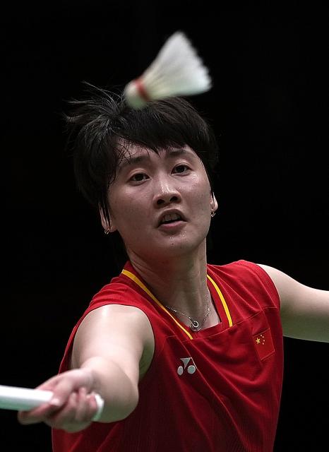 (260923) -- ICHINOMIYA, Sept. 23, 2026 (Xinhua) -- Chen Yufei of team China competes in the singles match against Mutiara Ayu Puspitasari of team Indonesia during the badminton women's team semifinals between China and Indonesia at the 20th Asian Games Aichi-Nagoya 2026 in Ichinomiya of Aichi Prefecture, Japan, Sept. 23, 2026. (Xinhua/Li Bo)