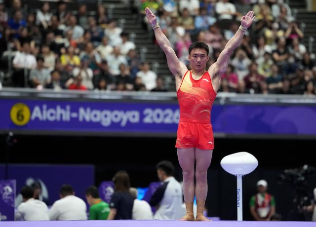 (260923) -- NAGOYA, Sept. 23, 2026 (Xinhua) -- Sun Wei of team China competes during the floor exercise competition of men's team final of Artistic Gymnastics at the 20th Asian Games Aichi-Nagoya 2026 in Nagoya, Japan, Sept. 23, 2026. (Xinhua/Lui Siu Wai)