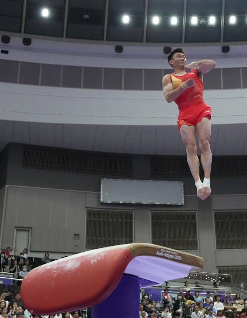 (260923) -- NAGOYA, Sept. 23, 2026 (Xinhua) -- Sun Wei of team China competes during the vault competition of men's team final of Artistic Gymnastics at the 20th Asian Games Aichi-Nagoya 2026 in Nagoya, Japan, Sept. 23, 2026. (Xinhua/Jia Yuchen)