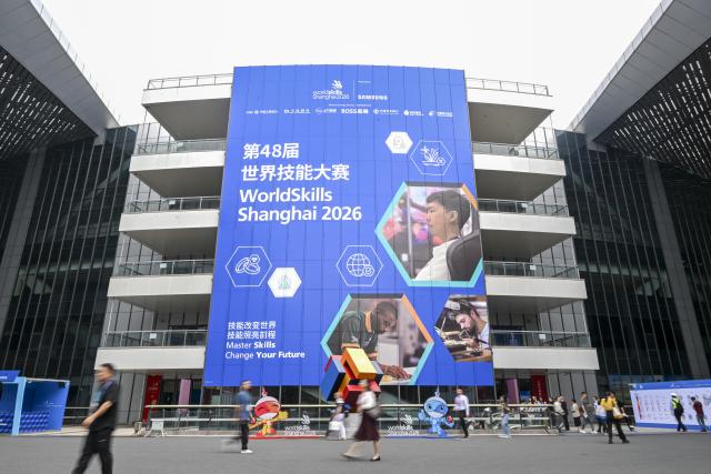 (260923) -- SHANGHAI, Sept. 23, 2026 (Xinhua) -- This photo taken on Sept. 23, 2026 shows a view of the National Exhibition and Convention Center, venue for the 48th WorldSkills Competition, in east China's Shanghai. The competition kicks off here on Wednesday. (Xinhua/Chen Haoming)