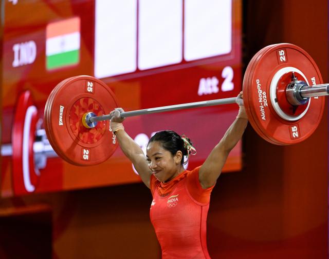 (260923) -- NAGOYA, Sept. 23, 2026 (Xinhua) -- Mirabai Chanu Saikhom of India competes during the women's 49kg final of weightlifting at the 20th Asian Games Aichi-Nagoya 2026 in Nagoya, Japan, Sept. 23, 2026. (Xinhua/Yu Yang)