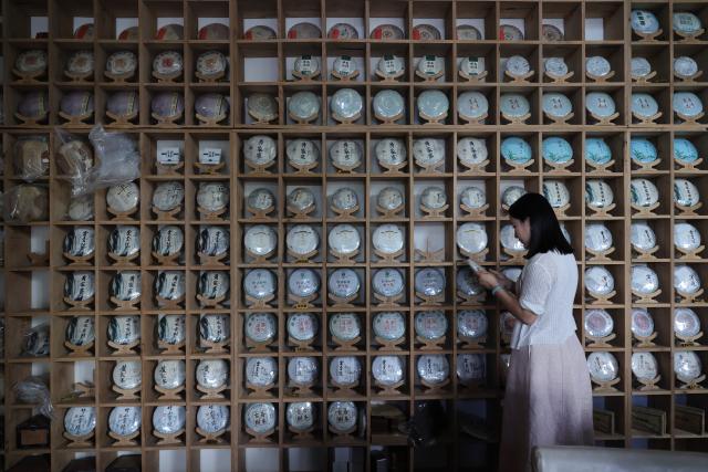 (260923) -- BAOSHAN, Sept. 23, 2026 (Xinhua) -- A tourist selects tea at a tea shop in Changning County of Baoshan City, southwest China's Yunnan Province, Sept. 22, 2026. In recent years, Baoshan City has developed distinctive industries such as homestays, camping, dendrobium cultivation and tea. The city is leveraging ecological tourism and cultural resources to advance rural revitalization, injecting new vitality into the high-quality development of its cultural and tourism industries. (Photo by Xue Yingying/Xinhua)
