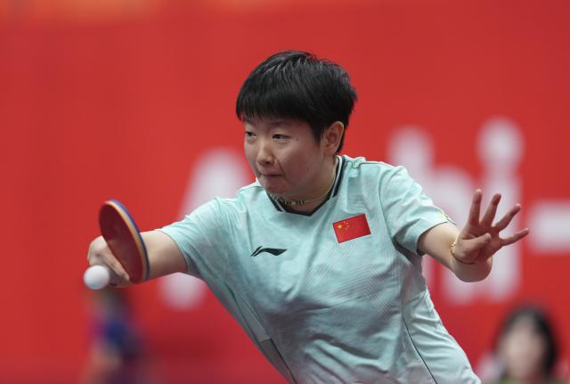 (260923) -- TOYOTA, Sept. 23, 2026 (Xinhua) -- Sun Yingsha of team China hits a return to Pyon Song Gyong of team the Democratic People's Republic of Korea during the women's team semifinal match between China and the Democratic People's Republic of Korea (DPRK) at the 20th Asian Games Aichi-Nagoya 2026 in Toyota of Aichi Prefecture, Japan, Sept. 23, 2026. (Xinhua/Cheong Kam Ka)