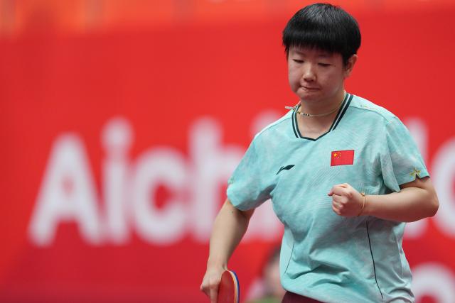 (260923) -- TOYOTA, Sept. 23, 2026 (Xinhua) -- Sun Yingsha of China reacts during the match against Pyon Song Gyong of team the Democratic People's Republic of Korea during the women's team semifinal match between China and the Democratic People's Republic of Korea (DPRK) at the 20th Asian Games Aichi-Nagoya 2026 in Toyota of Aichi Prefecture, Japan, Sept. 23, 2026. (Xinhua/Cheong Kam Ka)