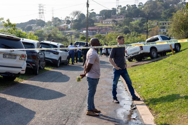 (260923) -- DURBAN, Sept. 23, 2026 (Xinhua) -- This photo taken on Sept. 23, 2026 shows the scene of a shooting incident in KwaMakhutha in KwaZulu-Natal Province, South Africa. Eleven people were killed and three others injured in a shooting in KwaMakhutha in South Africa's southeastern KwaZulu-Natal Province, local police said Wednesday.
   According to a statement issued by the South African Police Service (SAPS) in the province, the shooting occurred on Tuesday night in the township's Ziko area. Three men arrived and opened fire on 13 men and a woman believed to be pregnant when they were reportedly having a party inside a house. (Photo by Mbuthi Msweli/Xinhua)