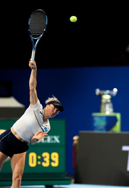 (260923) -- SHENZHEN, Sept. 23, 2026 (Xinhua) -- Yulia Putintseva of Kazakhstan competes against Cristina Bucsa of Spain during the quarterfinal match between Kazakhstan and Spain at the 2026 Billie Jean King Cup Finals in Shenzhen, south China's Guangdong Province, Sept. 23, 2026. (Xinhua/Mao Siqian)