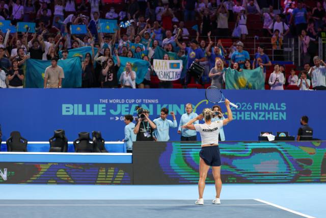 (260923) -- SHENZHEN, Sept. 23, 2026 (Xinhua) -- Yulia Putintseva of Kazakhstan celebrates after defeating Cristina Bucsa of Spain in the quarterfinal match between Kazakhstan and Spain at the 2026 Billie Jean King Cup Finals in Shenzhen, south China's Guangdong Province, Sept. 23, 2026. (Xinhua/Mao Siqian)