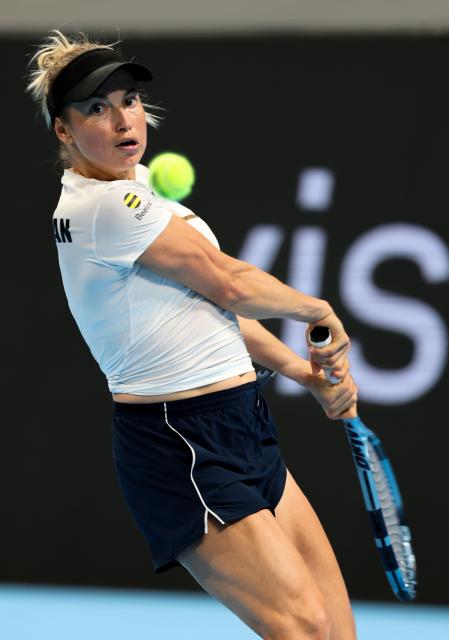 (260923) -- SHENZHEN, Sept. 23, 2026 (Xinhua) -- Yulia Putintseva of Kazakhstan competes against Cristina Bucsa of Spain during the quarterfinal match between Kazakhstan and Spain at the 2026 Billie Jean King Cup Finals in Shenzhen, south China's Guangdong Province, Sept. 23, 2026. (Xinhua/Mao Siqian)
