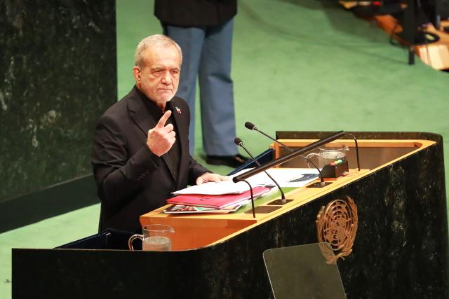 (260923) -- UNITED NATIONS, Sept. 23, 2026 (Xinhua) -- Iranian President Masoud Pezeshkian speaks during the General Debate of the 81th session of the United Nations General Assembly (UNGA) at the UN headquarters in New York, Sept. 23, 2026. (Xinhua/Wu Xiaoling)
