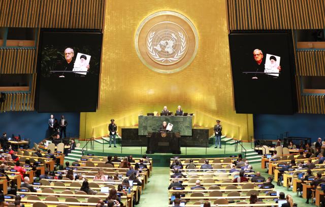 (260923) -- UNITED NATIONS, Sept. 23, 2026 (Xinhua) -- Iranian President Masoud Pezeshkian speaks during the General Debate of the 81th session of the United Nations General Assembly (UNGA) at the UN headquarters in New York, Sept. 23, 2026. (Xinhua/Wu Xiaoling)