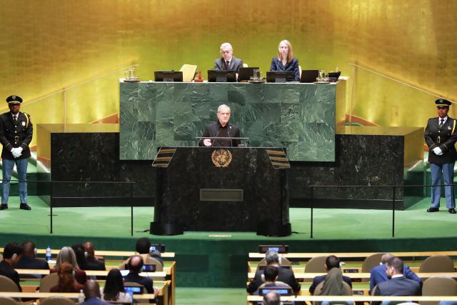 (260923) -- UNITED NATIONS, Sept. 23, 2026 (Xinhua) -- Iranian President Masoud Pezeshkian speaks during the General Debate of the 81th session of the United Nations General Assembly (UNGA) at the UN headquarters in New York, Sept. 23, 2026. (Xinhua/Wu Xiaoling)