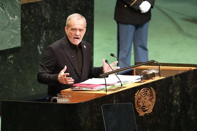 (260923) -- UNITED NATIONS, Sept. 23, 2026 (Xinhua) -- Iranian President Masoud Pezeshkian speaks during the General Debate of the 81th session of the United Nations General Assembly (UNGA) at the UN headquarters in New York, Sept. 23, 2026. (Xinhua/Wu Xiaoling)