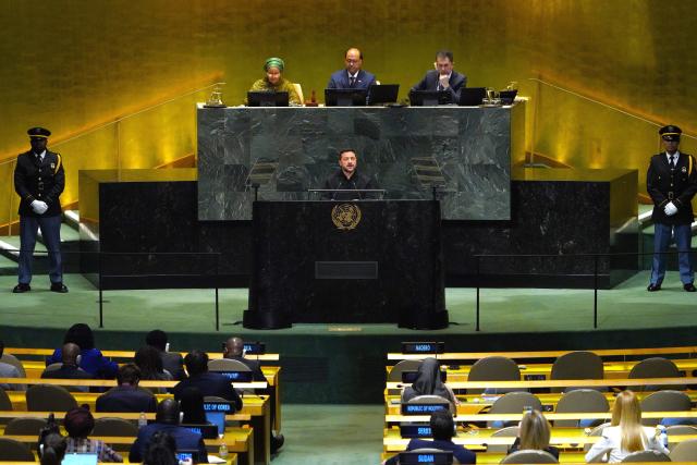 (260923) -- UNITED NATIONS, Sept. 23, 2026 (Xinhua) -- Ukrainian President Volodymyr Zelensky speaks during the General Debate of the 81th session of the United Nations General Assembly (UNGA) at the UN headquarters in New York, Sept. 23, 2026. (Xinhua/Wu Xiaoling)