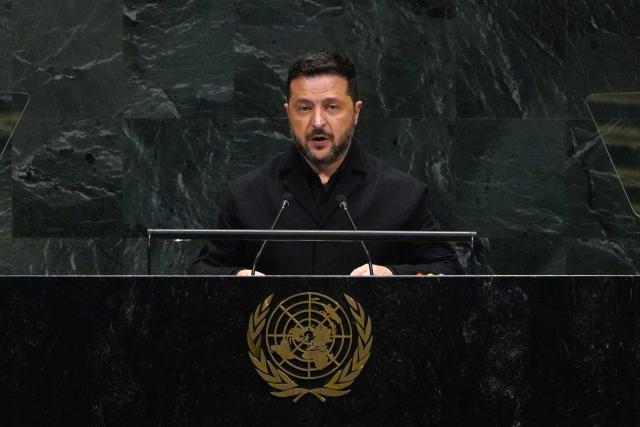 (260923) -- UNITED NATIONS, Sept. 23, 2026 (Xinhua) -- Ukrainian President Volodymyr Zelensky speaks during the General Debate of the 81th session of the United Nations General Assembly (UNGA) at the UN headquarters in New York, Sept. 23, 2026. (Xinhua/Wu Xiaoling)