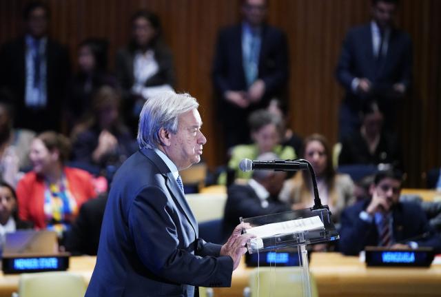 (260924) -- UNITED NATIONS, Sept. 24, 2026 (Xinhua) -- UN Secretary-General Antonio Guterres delivers a speech at a UN high-level event on Climate Action and the Just Transition at the UN headquarters in New York, on Sept. 23, 2026. Guterres on Wednesday urged efforts to increase financial support and strengthen cooperation in global climate action. (Xinhua/Wu Xiaoling)
