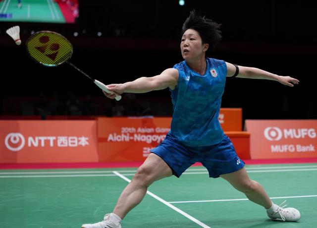 (260924) -- ICHINOMIYA, Sept. 24, 2026 (Xinhua) -- Yamaguchi Akane of team Japan competes in the singles match against Wang Zhiyi of team China during the badminton women's team final between China and Japan at the 20th Asian Games Aichi-Nagoya 2026 in Ichinomiya of Aichi Prefecture, Japan, Sept. 24, 2026. (Xinhua/Li Bo)