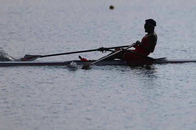 (260924) -- NAGOYA, Sept. 24, 2026 (Xinhua) -- Deng Zhiwei of China competes during the Men's Single Sculls Final A of Rowing at the 20th Asian Games Aichi-Nagoya 2026 in Kaizu of Gifu Prefecture, Japan, Sept. 24, 2026. (Xinhua/Jia Haocheng)