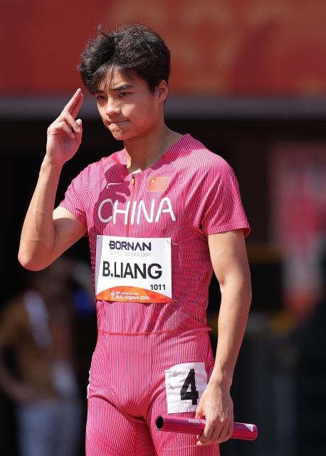 (260924) -- NAGOYA, Sept. 24, 2026 (Xinhua) -- Jiang Baotang of China reacts before the mixed 4X400m relay heats of Athletics at the 20th Asian Games Aichi-Nagoya 2026 in Nagoya, Japan, Sept. 24, 2026. (Xinhua/Jia Yuchen)