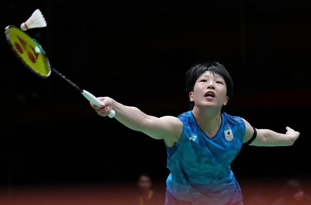 (260924) -- ICHINOMIYA, Sept. 24, 2026 (Xinhua) -- Yamaguchi Akane of team Japan competes in the singles match against Wang Zhiyi of team China during the badminton women's team final between China and Japan at the 20th Asian Games Aichi-Nagoya 2026 in Ichinomiya of Aichi Prefecture, Japan, Sept. 24, 2026. (Xinhua/Hou Zhaokang)
