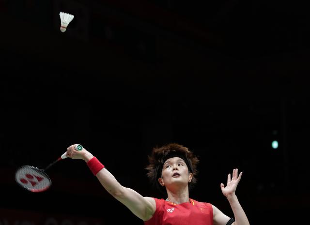 (260924) -- ICHINOMIYA, Sept. 24, 2026 (Xinhua) -- Wang Zhiyi of team China competes in the singles match against Yamaguchi Akane of team Japan during the badminton women's team final between China and Japan at the 20th Asian Games Aichi-Nagoya 2026 in Ichinomiya of Aichi Prefecture, Japan, Sept. 24, 2026. (Xinhua/Hou Zhaokang)