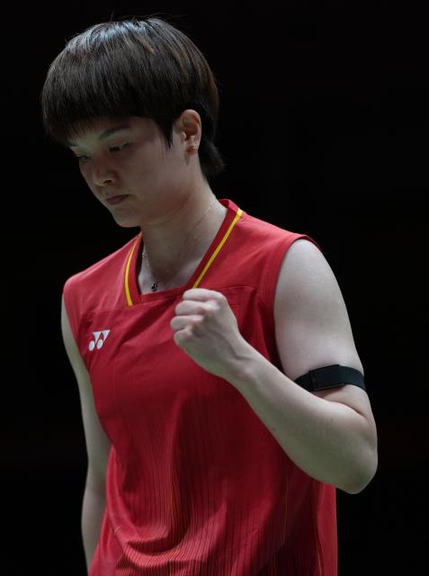 (260924) -- ICHINOMIYA, Sept. 24, 2026 (Xinhua) -- Wang Zhiyi of team China celebrates scoring in the singles match against Yamaguchi Akane of team Japan during the badminton women's team final between China and Japan at the 20th Asian Games Aichi-Nagoya 2026 in Ichinomiya of Aichi Prefecture, Japan, Sept. 24, 2026. (Xinhua/Hou Zhaokang)