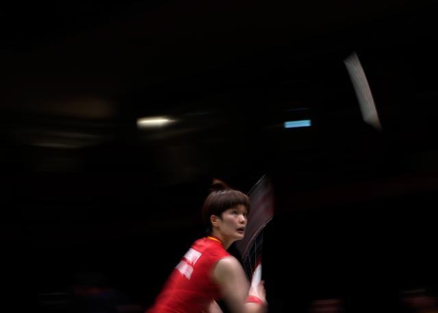 (260924) -- ICHINOMIYA, Sept. 24, 2026 (Xinhua) -- Wang Zhiyi of team China competes in the singles match against Yamaguchi Akane of team Japan during the badminton women's team final between China and Japan at the 20th Asian Games Aichi-Nagoya 2026 in Ichinomiya of Aichi Prefecture, Japan, Sept. 24, 2026. (Xinhua/Li Bo)