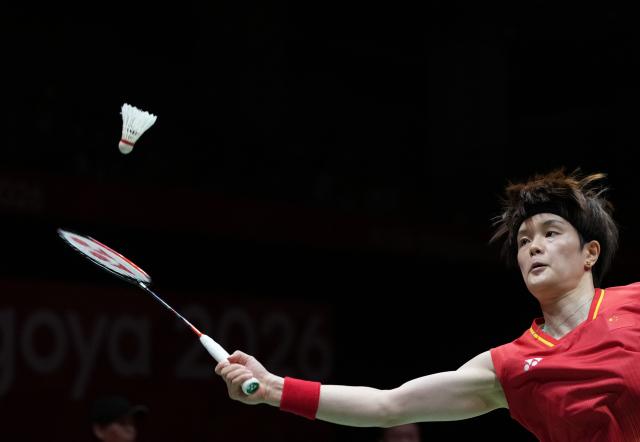 (260924) -- ICHINOMIYA, Sept. 24, 2026 (Xinhua) -- Wang Zhiyi of team China competes in the singles match against Yamaguchi Akane of team Japan during the badminton women's team final between China and Japan at the 20th Asian Games Aichi-Nagoya 2026 in Ichinomiya of Aichi Prefecture, Japan, Sept. 24, 2026. (Xinhua/Hou Zhaokang)