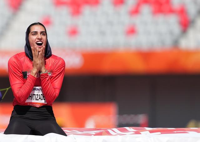 (260924) -- NAGOYA, Sept. 24, 2026 (Xinhua) -- Fatemeh Mohitizadeh of Iran reacts during the women's heptathlon high jump of Athletics at the 20th Asian Games Aichi-Nagoya 2026 in Nagoya, Japan, Sept. 24, 2026. (Xinhua/Jia Yuchen)