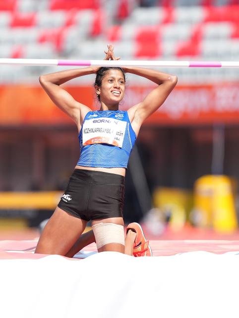 (260924) -- NAGOYA, Sept. 24, 2026 (Xinhua) -- Anamika Kozhinjaparambil of India reacats during the women's heptathlon high jump of Athletics at the 20th Asian Games Aichi-Nagoya 2026 in Nagoya, Japan, Sept. 24, 2026. (Xinhua/Jia Yuchen)