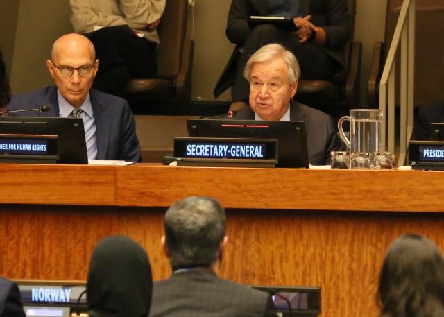 (260924) -- UNITED NATIONS, Sept. 24, 2026 (Xinhua) -- United Nations Secretary-General Antonio Guterres (C) speaks during a high-level meeting to commemorate the 40th anniversary of the Declaration on the Right to Development held on the sidelines of the 81st Session of the UN General Assembly at the UN headquarters in New York, Sept. 23, 2026. (Xinhua/Zhang Fengguo)