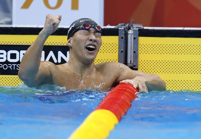 (260924) -- TOKYO, Sept. 24, 2026 (Xinhua) -- Ohashi Shin of Japan celebrates after the men's 200m breast stroke final at the 20th Asian Games Aichi-Nagoya 2026 in Tokyo, Japan, Sept. 24, 2026. (Xinhua/Wu Zhizun)